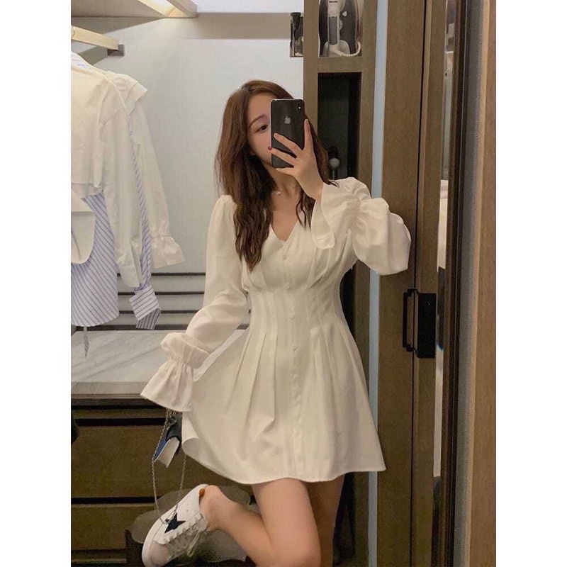 Váy trắng trơn chất mát tay xoè