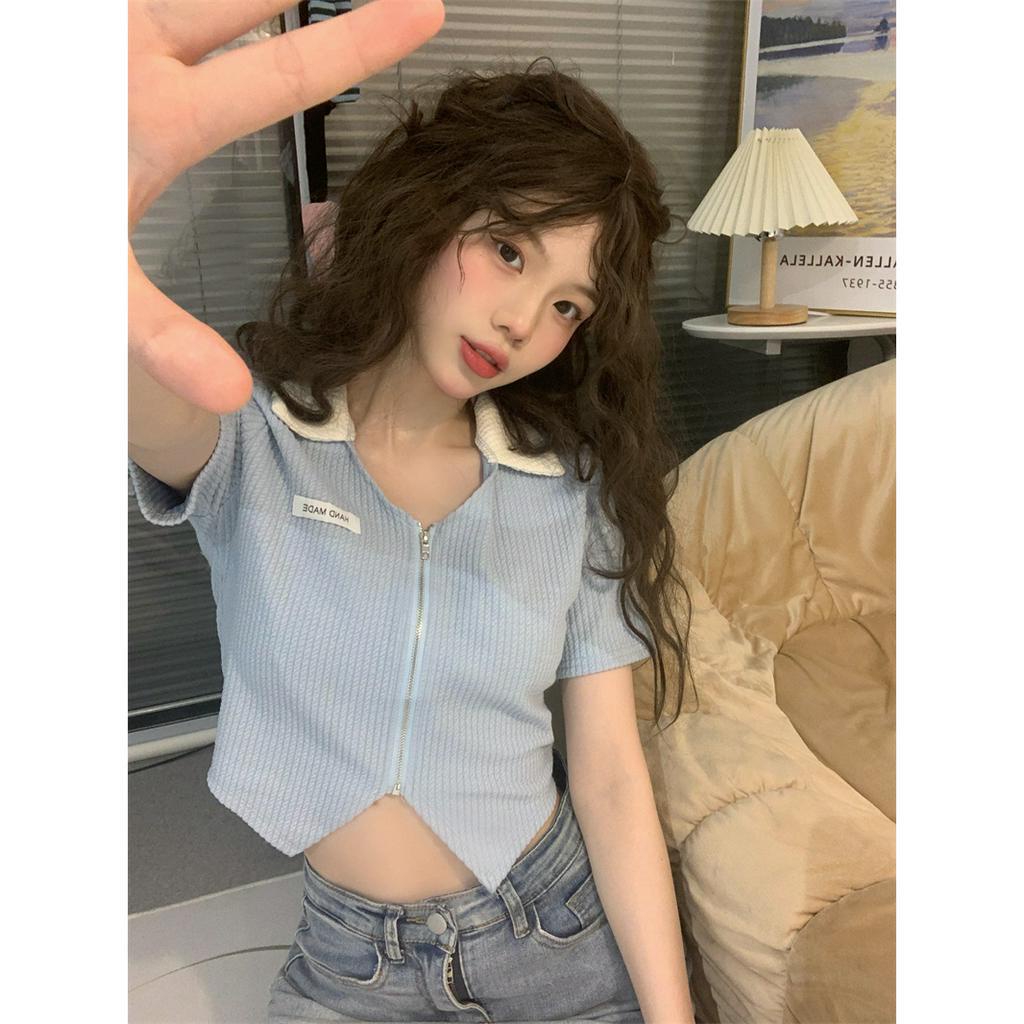 QADCOL Áo Thun Dệt Kim Tay Ngắn Dáng Ôm Có Khóa Kéo Thời Trang Mùa Hè Cho Nữ