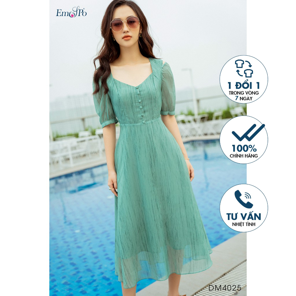 Đầm xòe cổ vuông hở vai đính cúc bọc Emspo DM4025