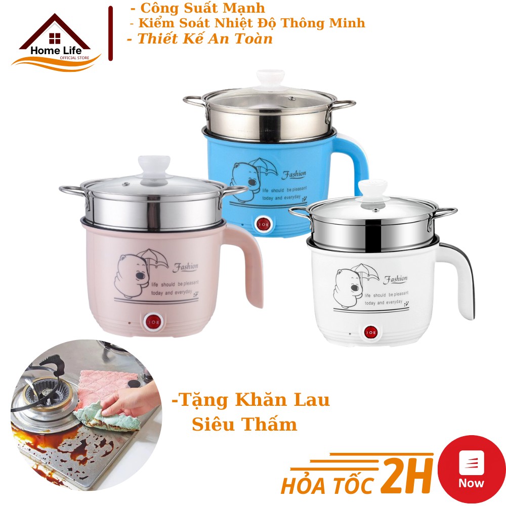 Ca Nấu Mì, Nấu Cơm Mini Đa Năng Dung Tích 1,8L Cooking Pot Có Tay Cầm Kèm Giá Hấp Inox