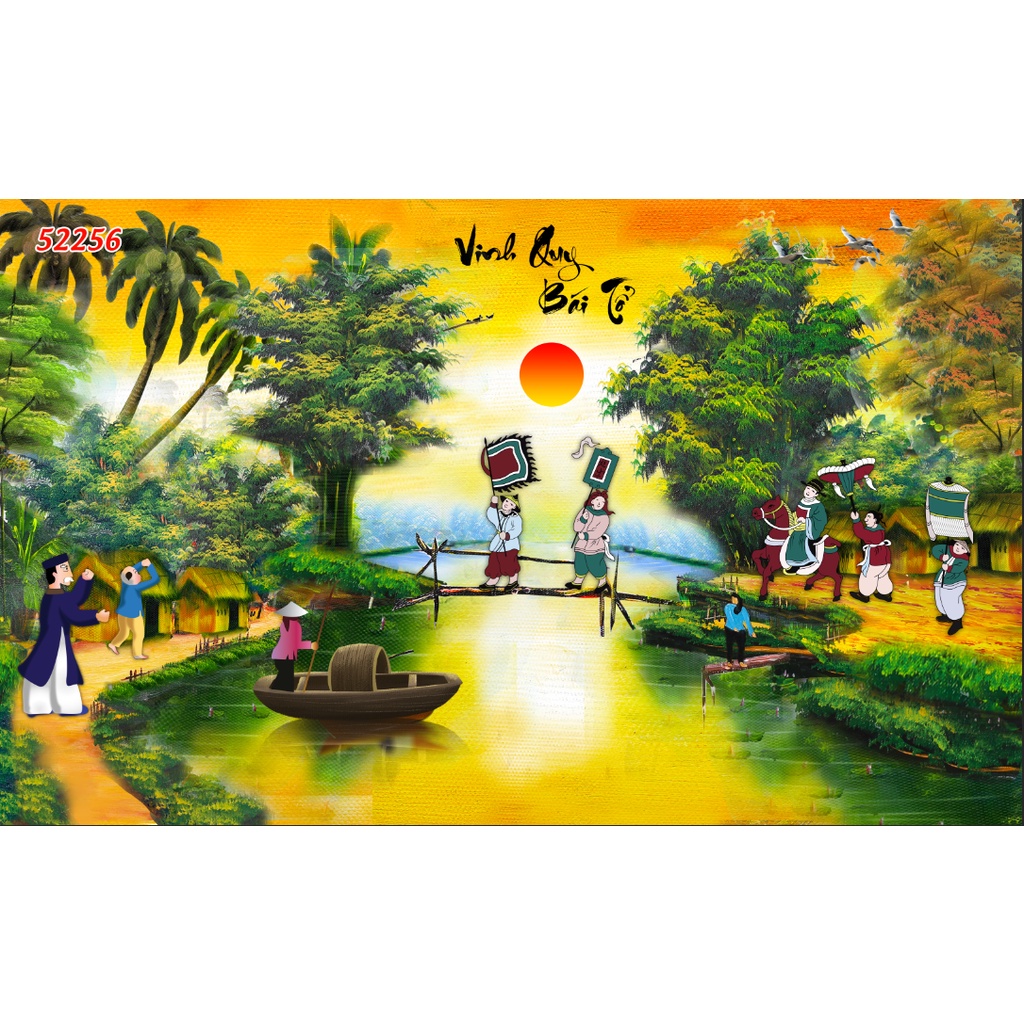 Tranh Dán Tường 3D Đồng Quê Cầu Tre Xuối Nước Xanh Biếc, Lũy tre làng, ao làng, dòng suối nhỏ