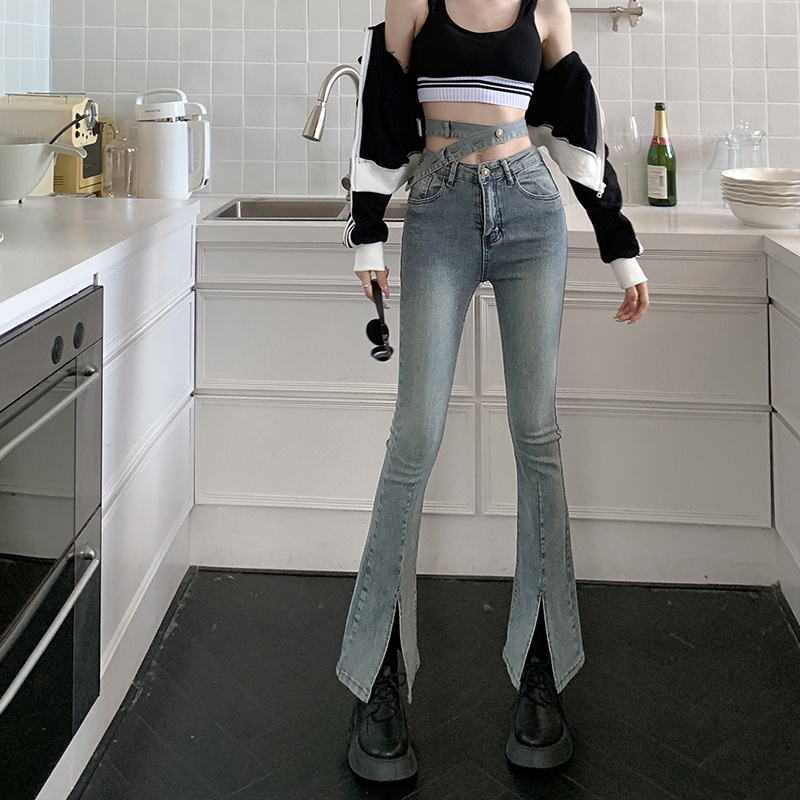 Quần jean ZHELIHANGFEI lưng cao ống loe xẻ tà quyến rũ dễ phối đồ thời trang