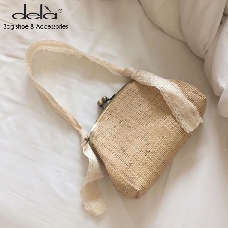 Dela Túi cói Vai Đan Lát Phối Ren Phong Cách Hàn Quốc Cổ Điển Thời Trang Mùa Hè Dành Cho Nữ