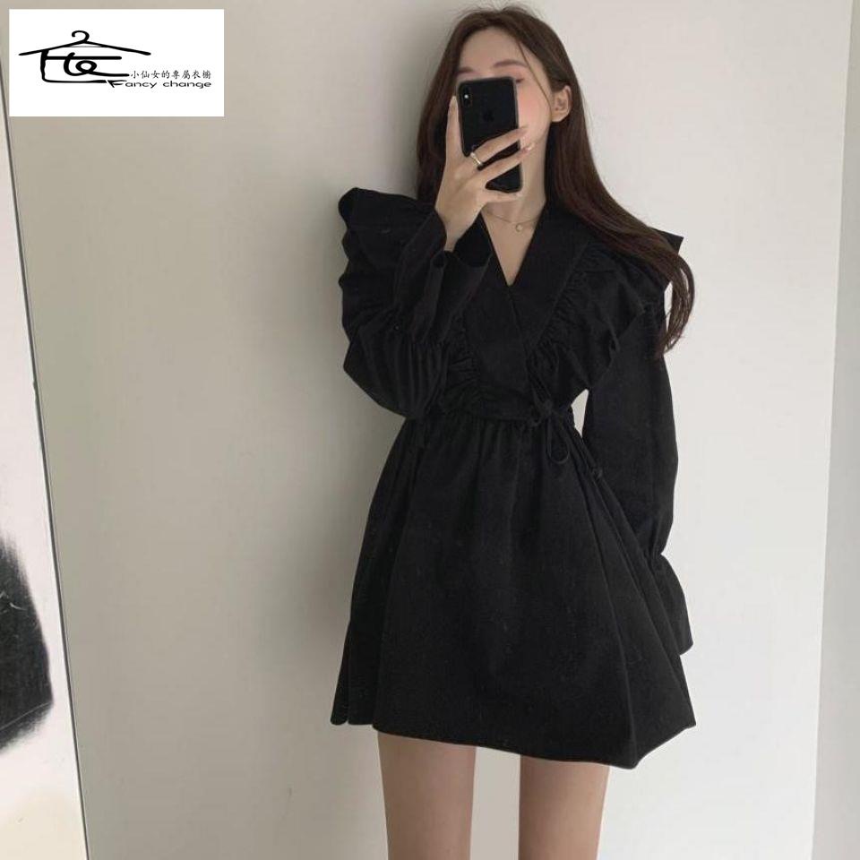 Đầm Ngắn Tay Loe Cổ Chữ V Thắt Eo Thời Trang Xuân Thu Phong Cách Mới