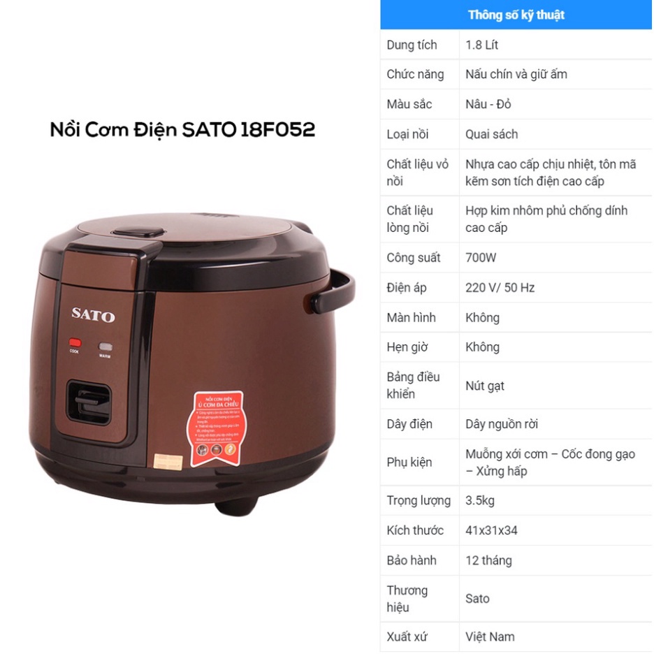 Nồi cơm điện SATO 18F051 18F052 dung tích 1.8L chế độ ủ ấm đa chiều giúp nấu cơm ngon hơn - bảo hành 12 tháng