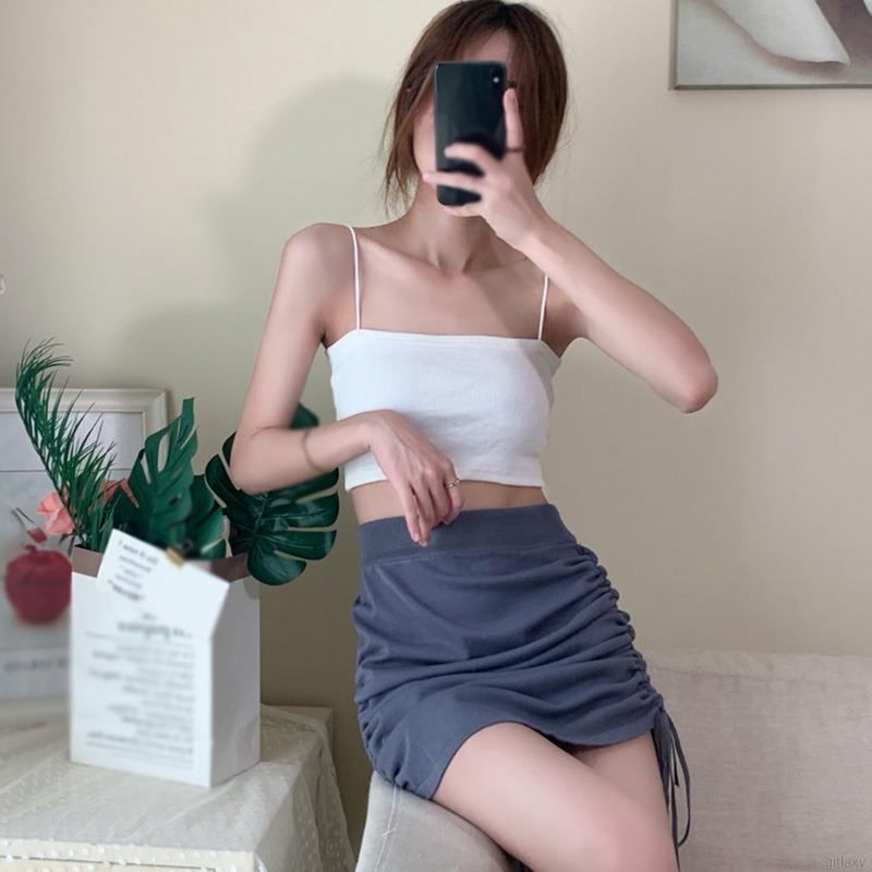 Chân Váy Dệt Kim Ngắn Lưng Cao Co Giãn Màu Sắc Trơn Phối Dây Rút Phong Cách Hàn Quốc Cho Nữ