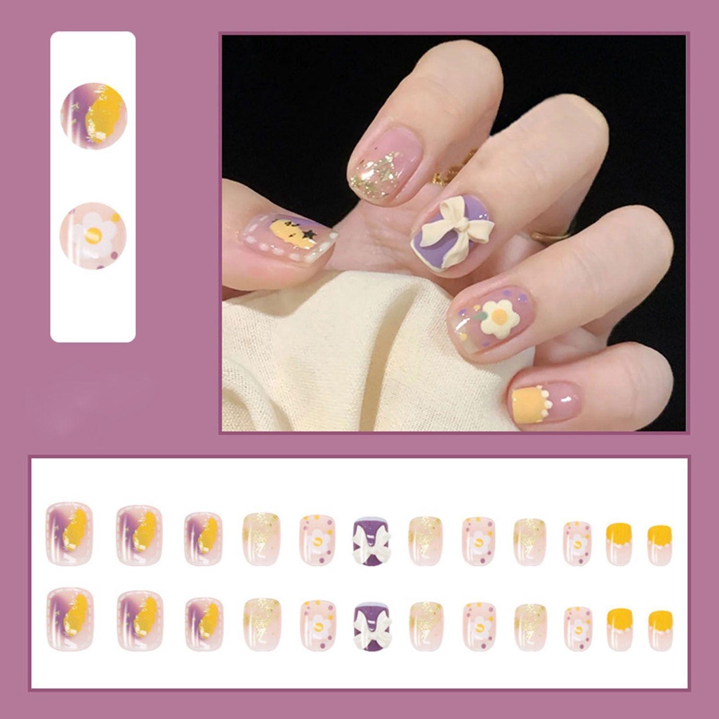 Hộp 24 Móng Tay Giả Ngắn / Tròn / Vuông / Trái Tim / Nơ Xinh Xắn