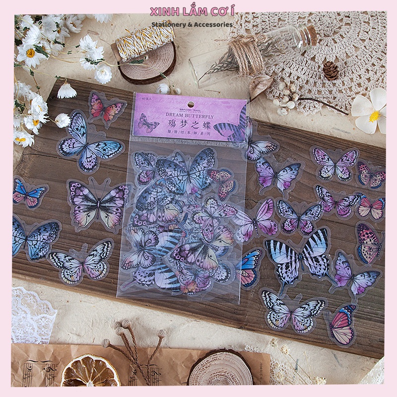 Set 40 Sticker PET Butterfly Cực Xinh Trang Trí Sổ Planner Scrapbook