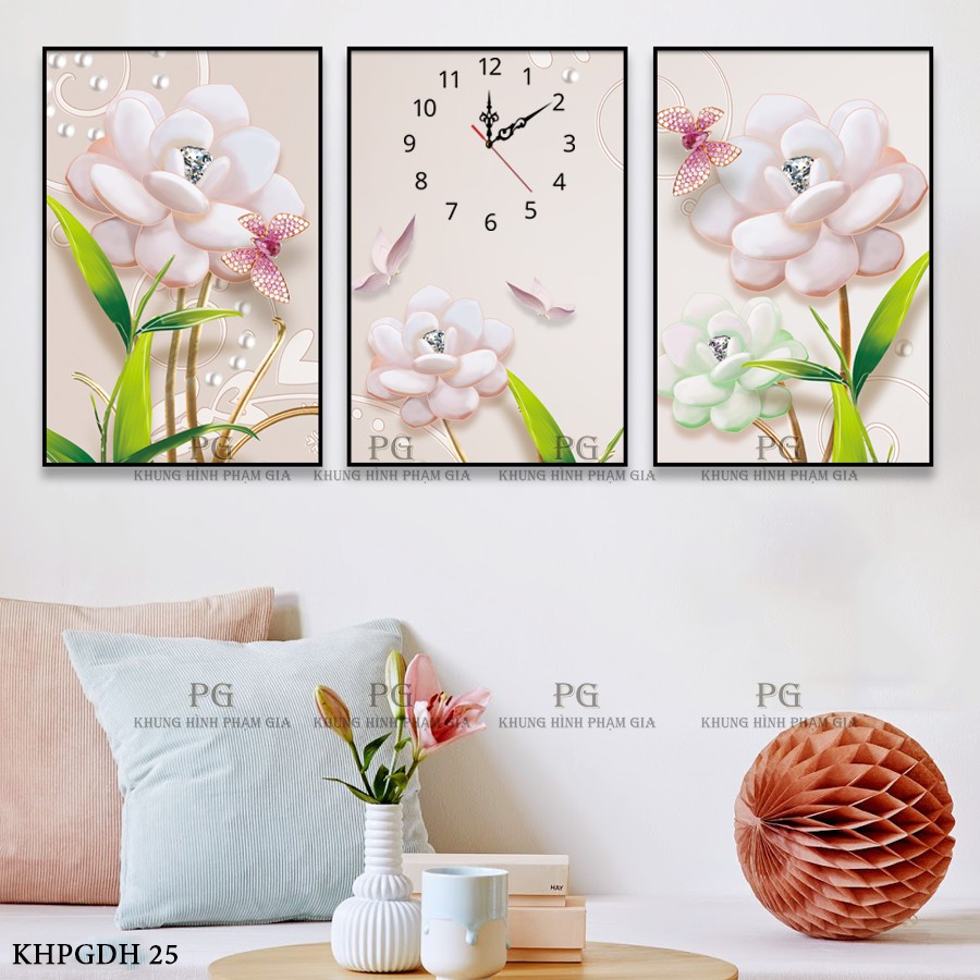 Tranh Treo Tường Đồng Hồ Bông Hoa Và Bướm Treo Phòng Ngủ, Phòng Khách - Khung Hình Phạm Gia PGTDH25