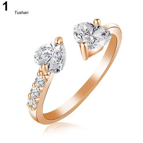 Nhẫn Đồng Dạng Mở Đính Đá Zircon Hình Trái Tim Đôi Cho Nữ