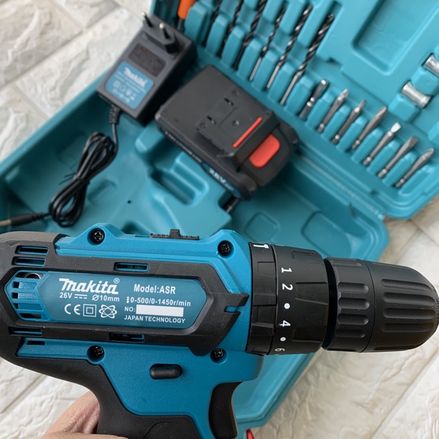 Máy khoan pin MAKITA 26v tặng kèm bộ phụ kiện 24chi tiết , máy khoan pin makita có búa, đầu kẹp 10ly