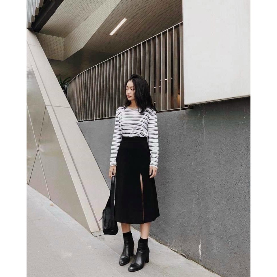 Chân váy dài midi xẻ tà đen