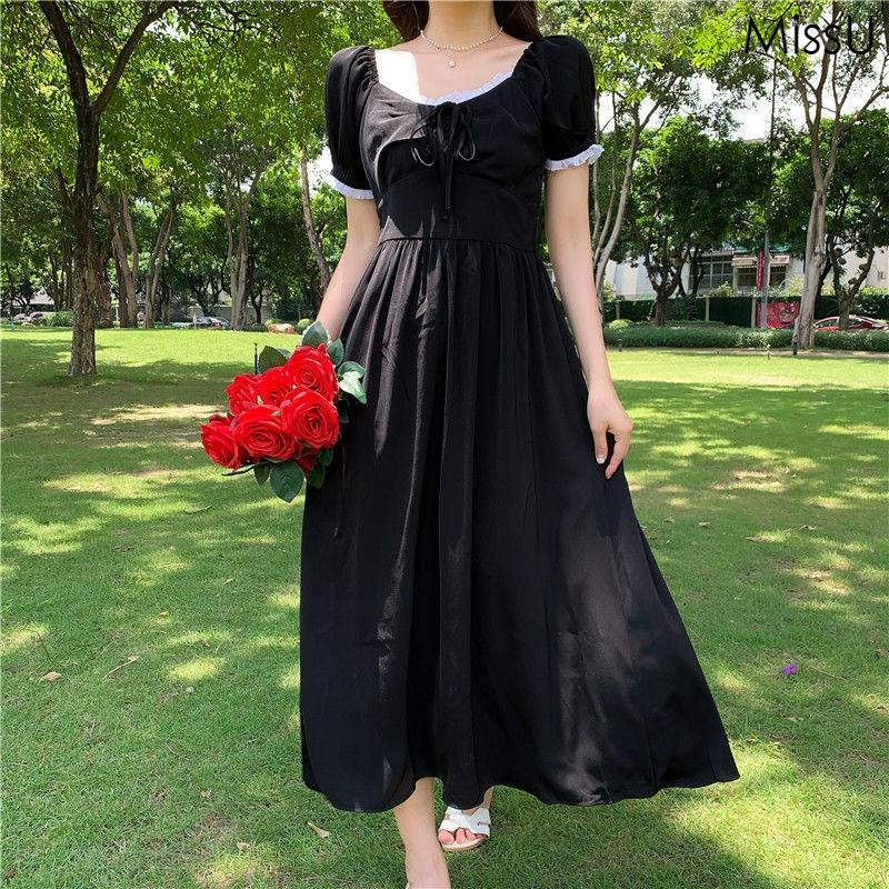 Đầm Maxi Tay Ngắn Phồng Cổ Thuyền Màu Xanh/Đen Thời Trang Mùa Hè Phong Cách Hàn Quốc Cho Nữ