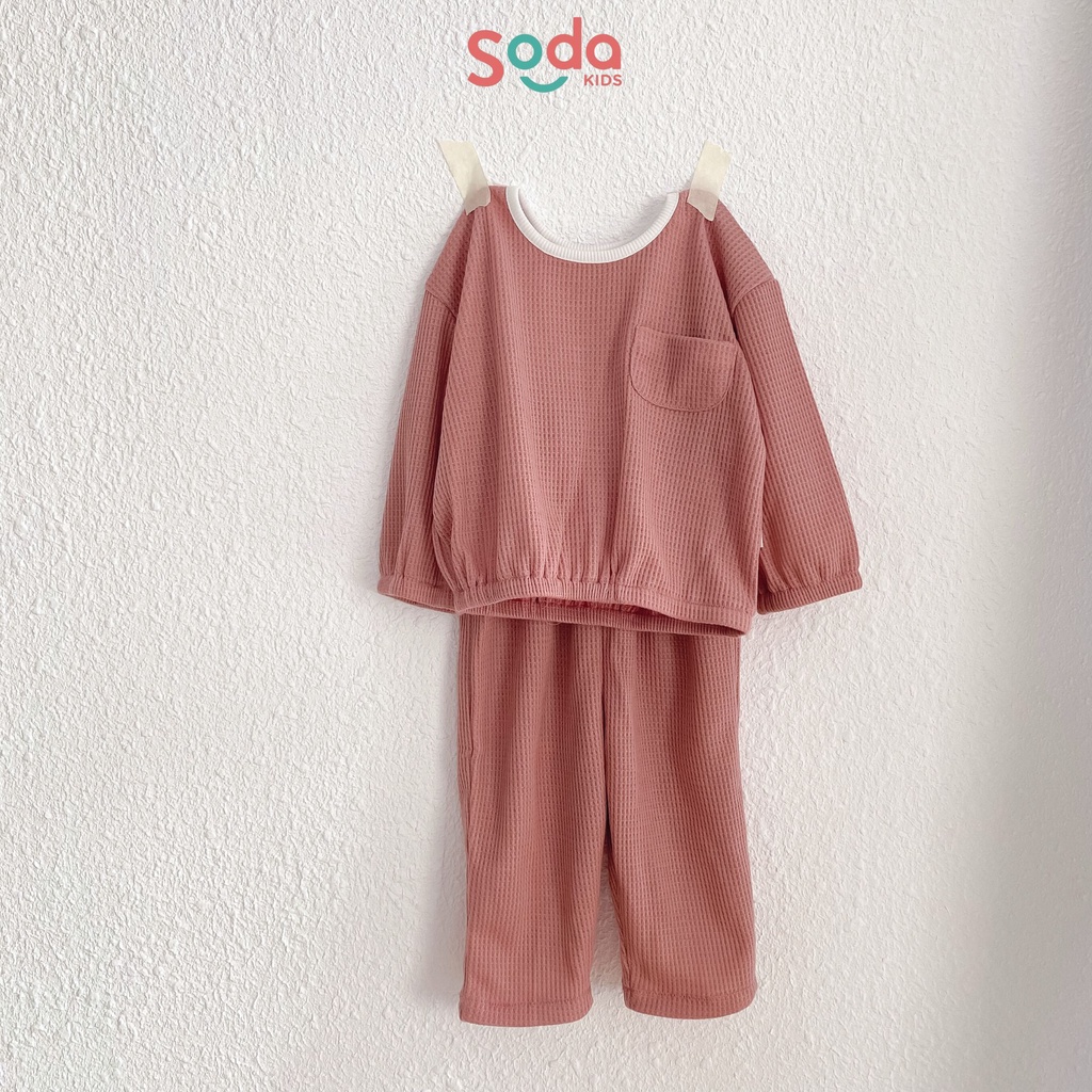 Bộ quần áo ngủ, bộ quần áo mặc nhà cho bé Waffle trơn phong cách Hàn Quốc