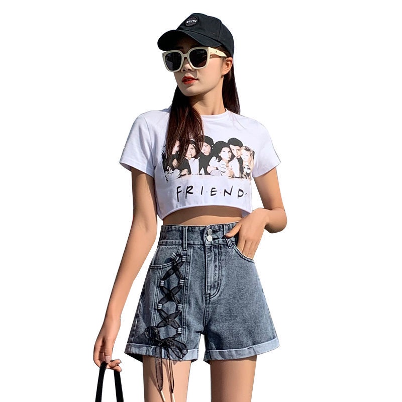 Quần Short Denim Buộc Dây 175241 Quần Short Nữ Lưng Cao Dáng Chữ a Phong Cách Retro