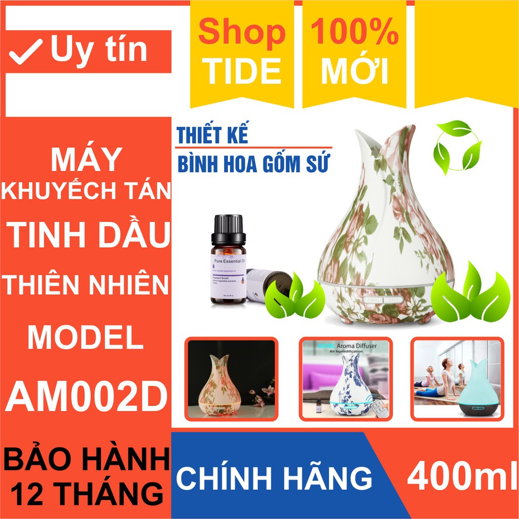 Thiết bị khuếch tán tinh dầu Aroma AM002D – Thiết kế bình hoa gốm sứ – Dung tích 400ml - Led 7 màu – Bảo hành 1 năm