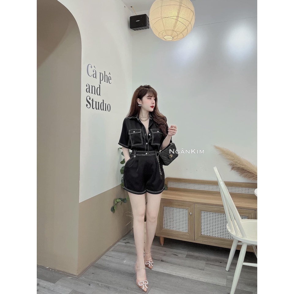 Set bộ sơ mi lụa thiết kế viền chỉ quần short đồ bộ nữ cao cấp NN256