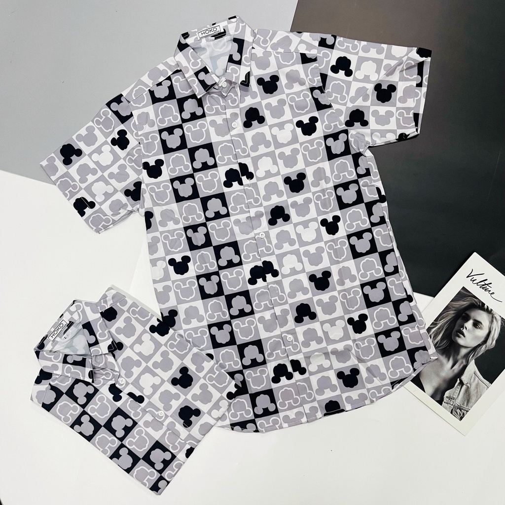 ÁO SƠ MI NAM NỮ TAY NGẮN HOẠ TIẾT MICKEY DỄ THƯƠNG