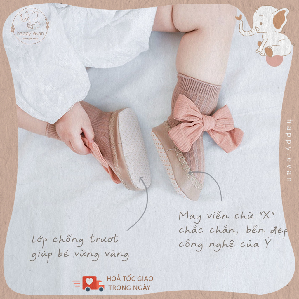🅷.🄴🅅🄰🄽 Giày tất tập đi cho bé gái, thắt nơ vải xinh, style HQ, có chống trượt giúp bé vững vàng.