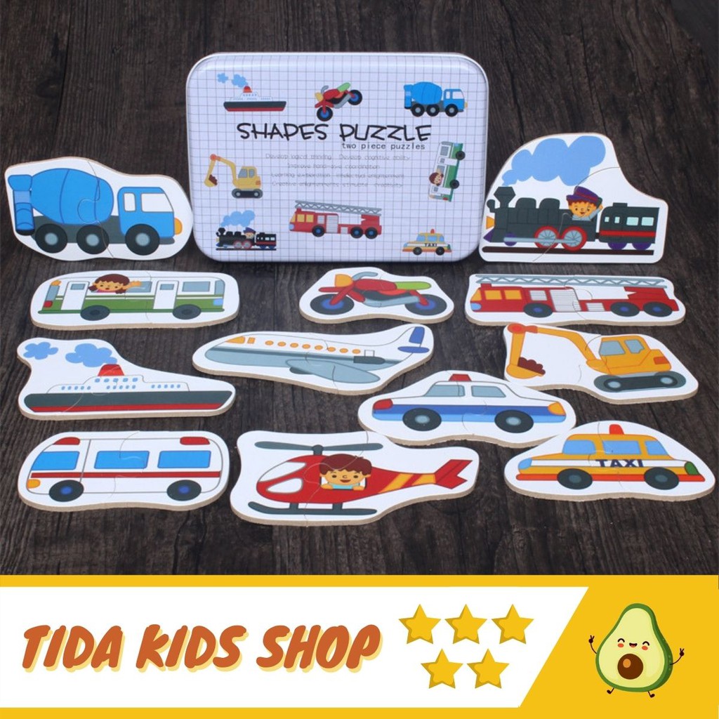 Đồ Chơi Xếp Hình Gỗ Shape Puzzle, Ghép Hình 2 Mảnh Nhiều Chủ Đề, Hộp Thiếc Giá Tốt ❤️ Freeship ❤️ TiDa Kids Shop