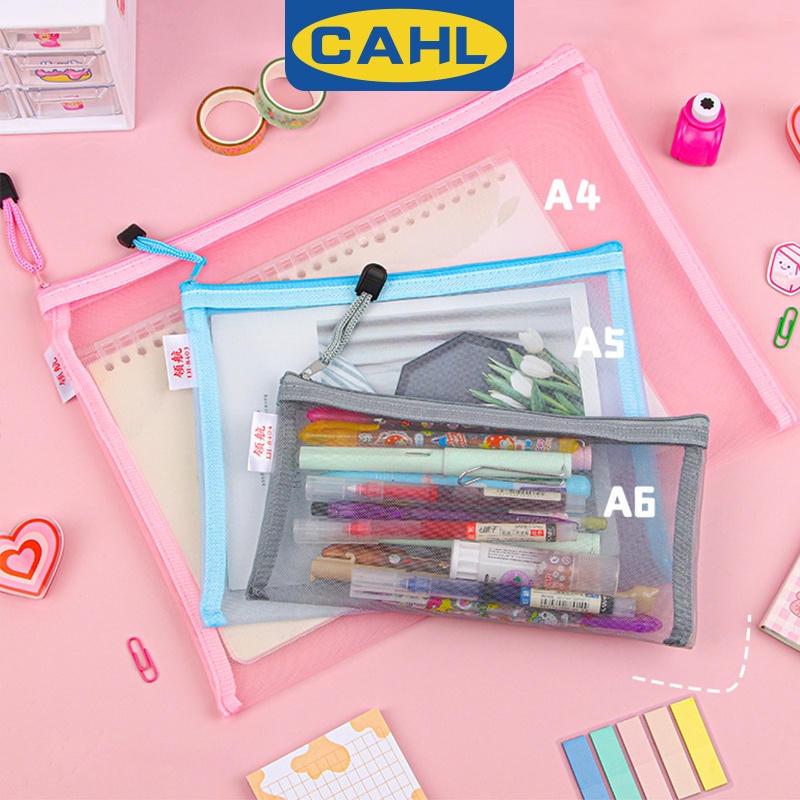 Túi Lưới Đựng Bút Trong Suốt Phối Khóa Kéo Màu Hồng Đáng Yêu Dành Cho Học Sinh Ốp