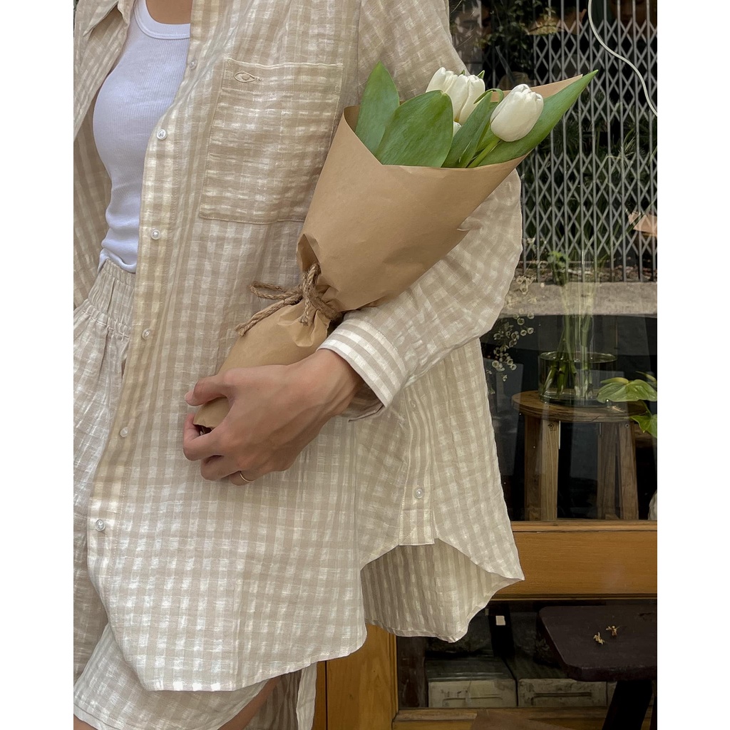 TheBlueTshirt - Áo Sơ Mi Phom Rộng Nữ Vải Lanh Vàng Sọc Trắng - Oversized Pocket Linen Shirt - Earth Pattern