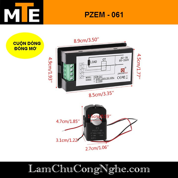 Công tơ điện tử PZEM-061 AC 220v 100A Đo điện áp , dòng điện, công suất thiết bị