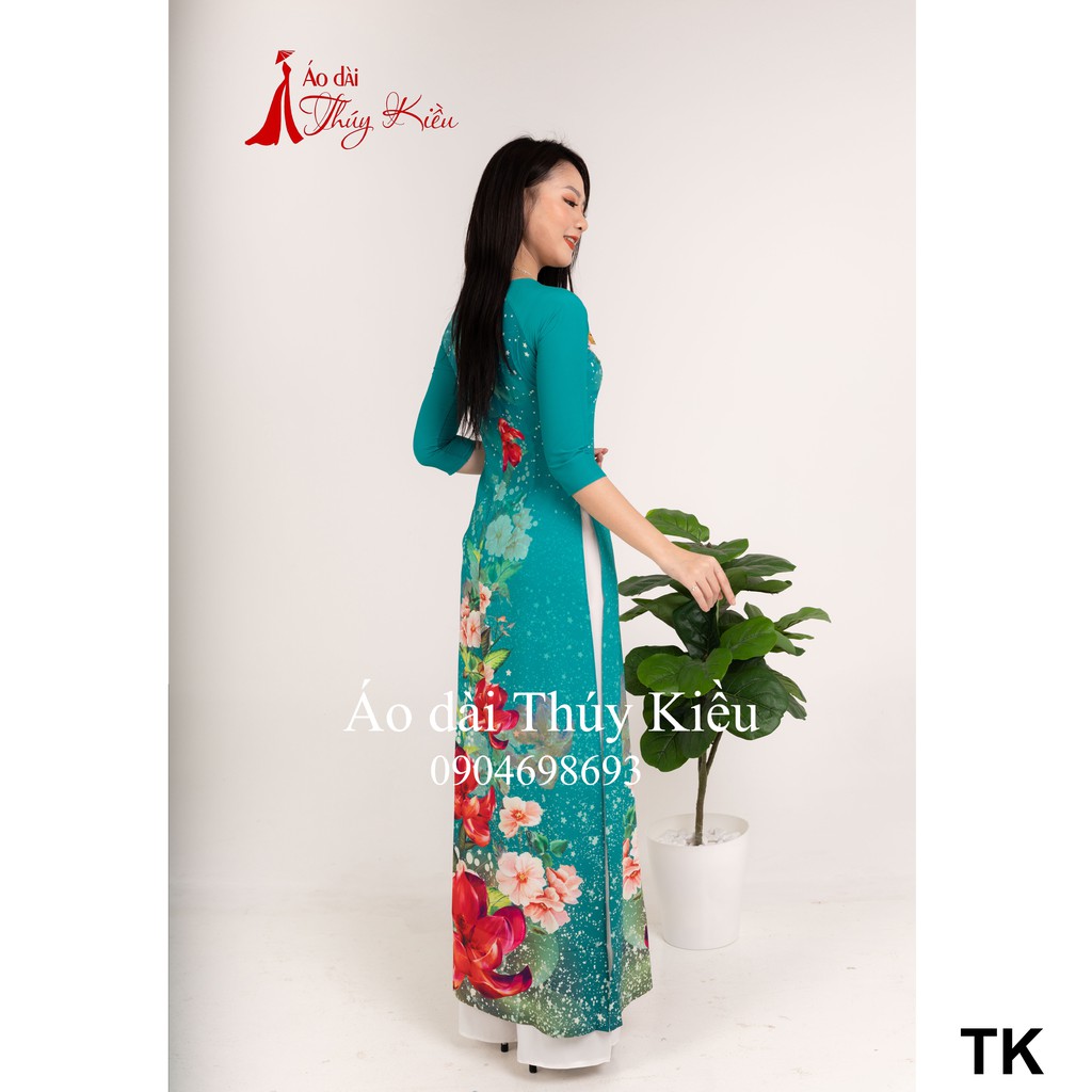 Áo dài nữ may sẵn trung niên thiết kế đẹp cách tân tết nền xanh ngọc K26 Thúy Kiều mềm mại, co giãn, áo dài giá rẻ