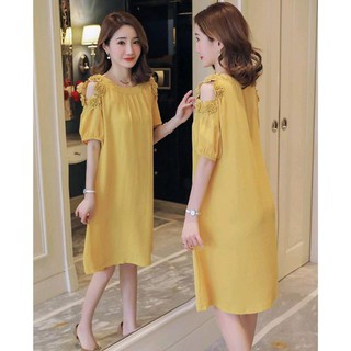 Váy bầu (Đầm bầu) hoa vai vàng thời trang hè 2019