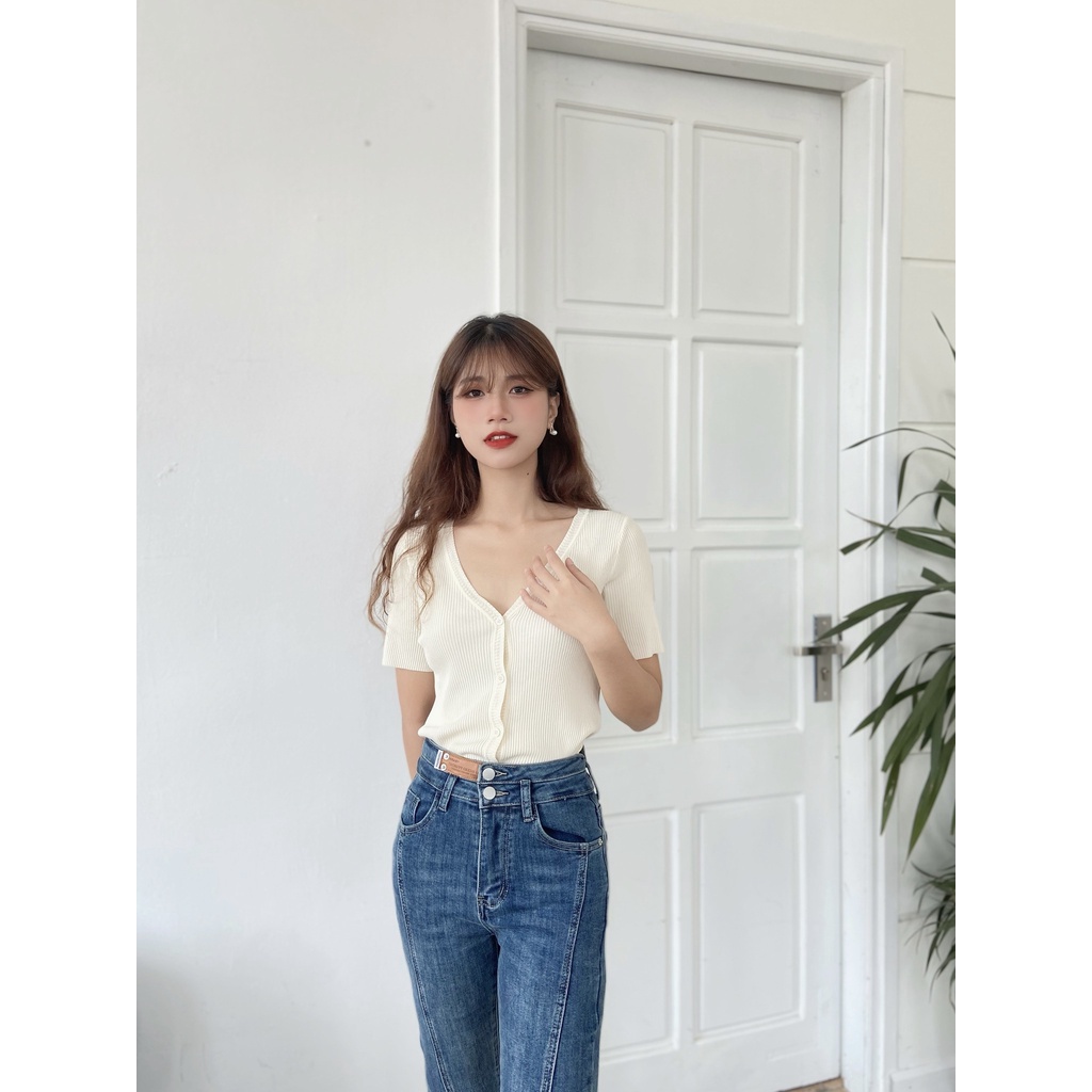 Len cộc tay gân nhỏ cổ V khuy cài TIIN STORE GA22028