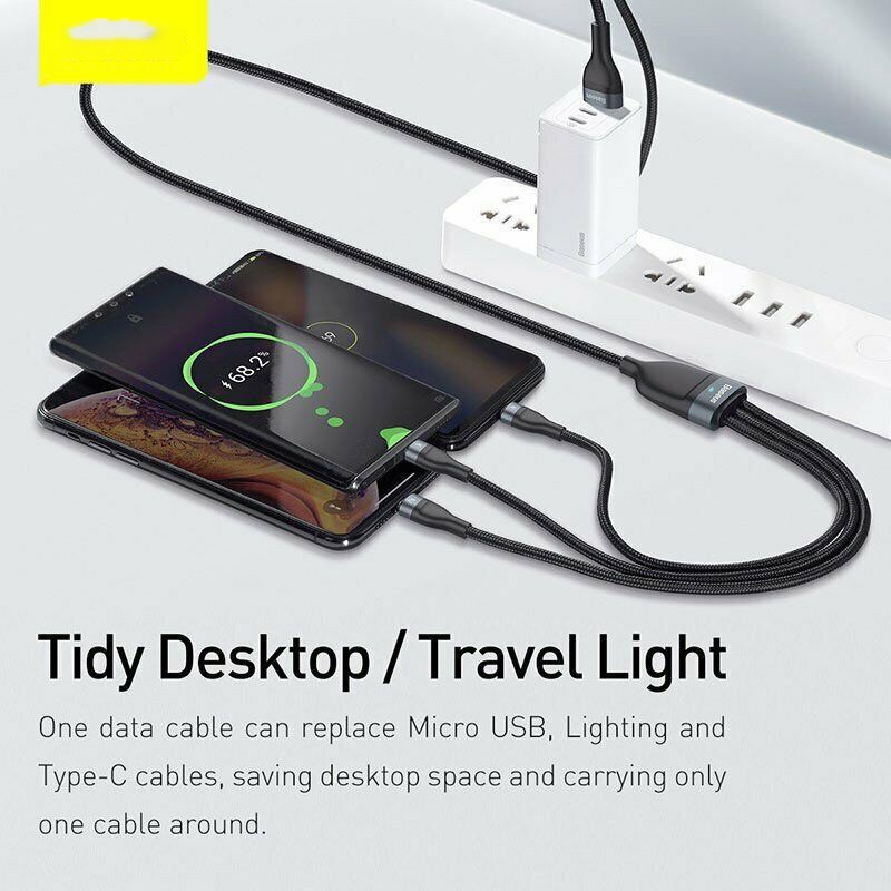 Dây sạc nhanh 5A 40W Quick truyền dữ liệu Baseus 3 in 1 chính hãng Cáp đa năng USB ra 3 chân của các dòng điện thoại