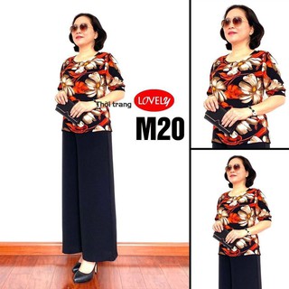 Set Quần Áo Trung Niên Đũi lụa mẫu hoa bản to màu cam đen M20