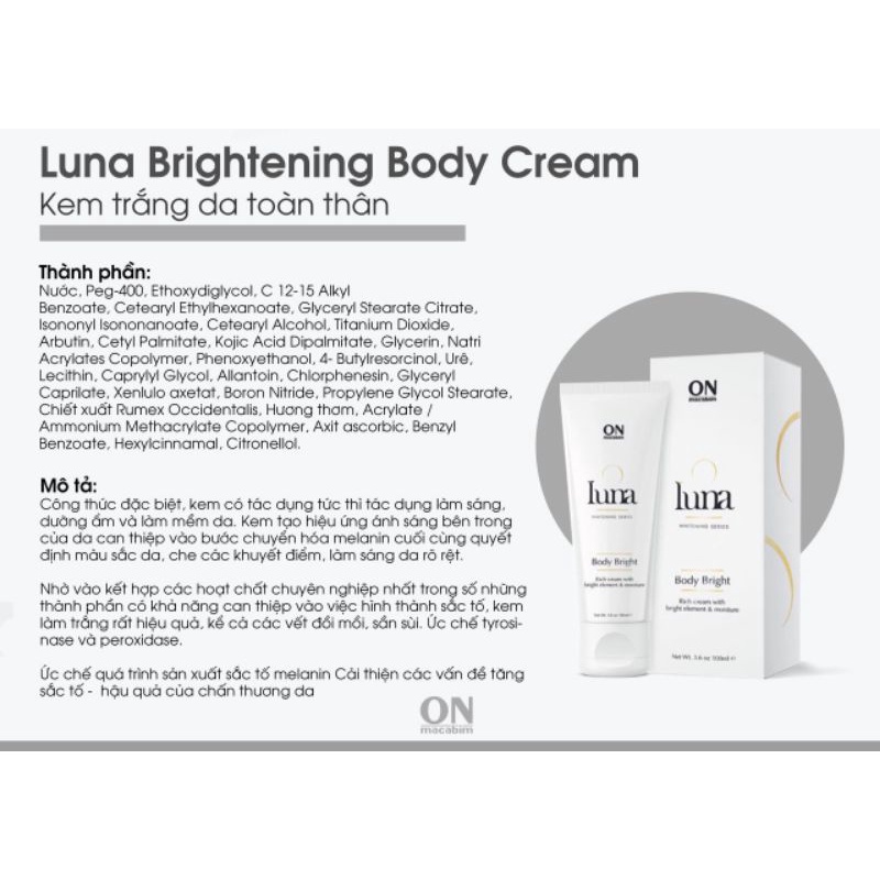 Kem dưỡng trắng Body Luna Onmacabim- Body Bright 100ml