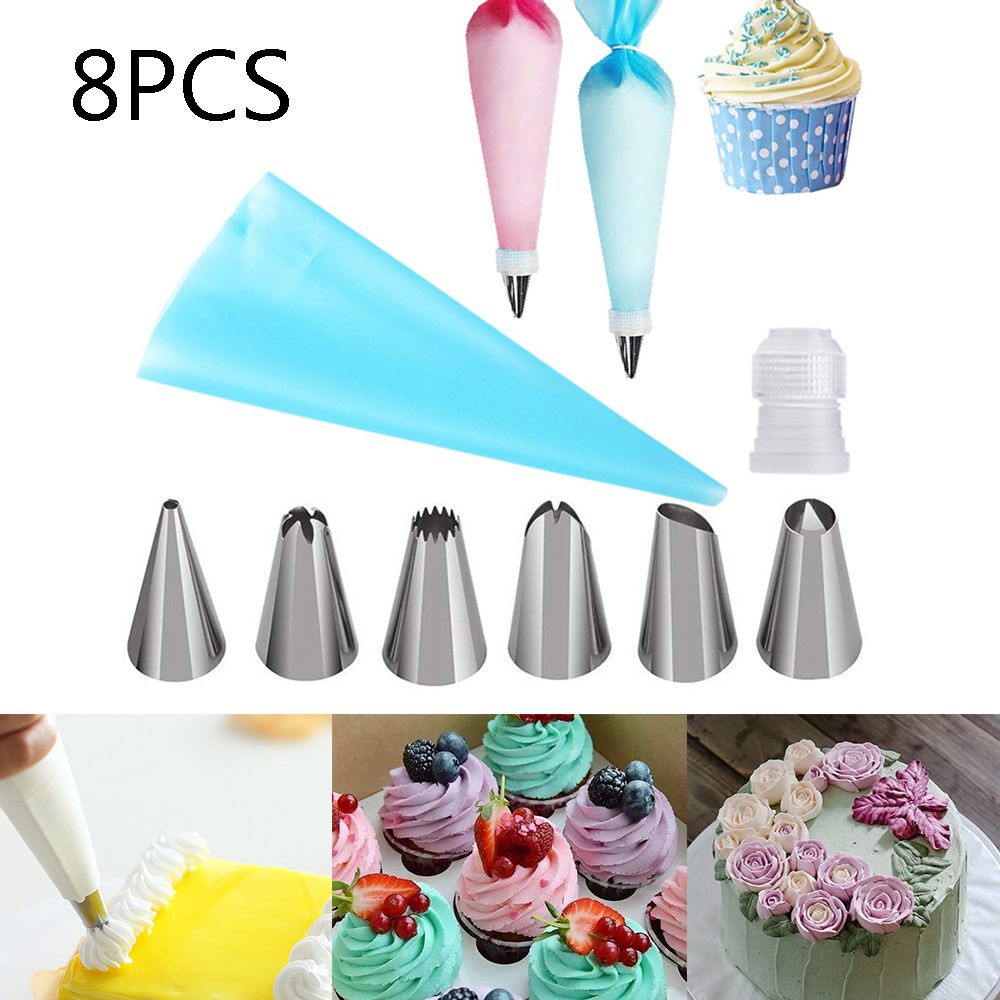 Set 8 dụng cụ gồm 6 đầu bắt bông kem túi bắt bông kem và đầu chuyển đổi thép không gỉ trang trí bánh kem cho nhà bếp
