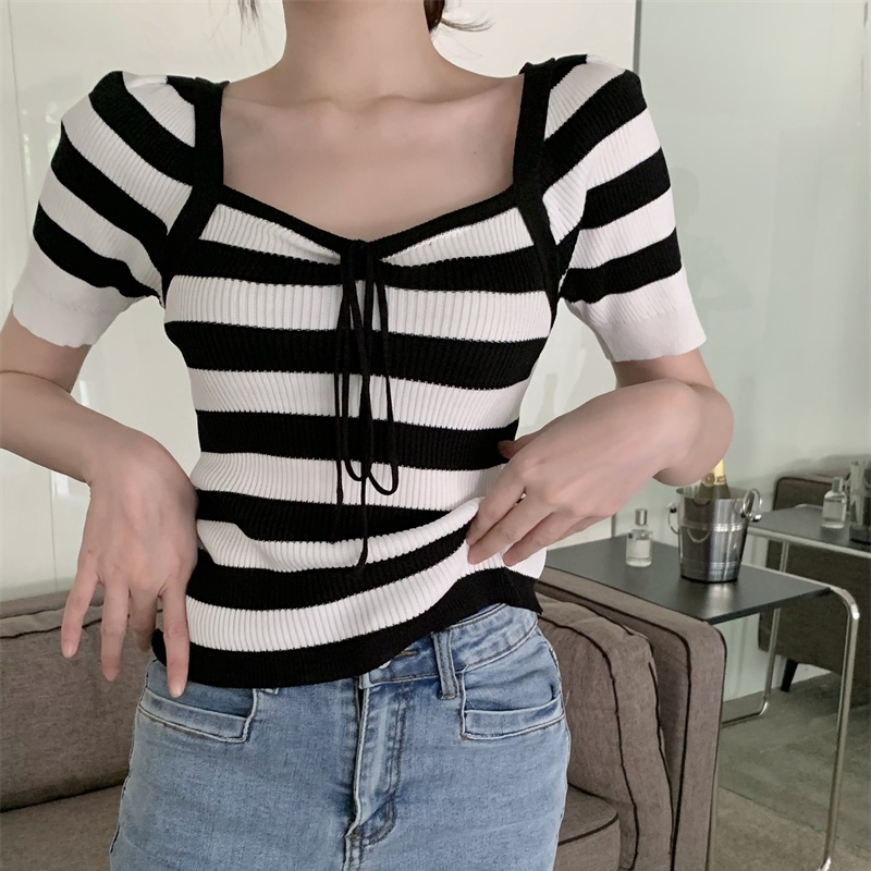 SUXI Áo Dệt Kim Cổ Vuông Họa Tiết Kẻ Sọc Màu Sắc Trơn Thời Trang Mùa Hè Cho Nữ