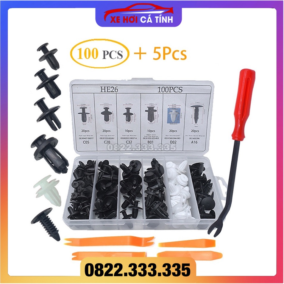 Bộ 100 ốc vít Ô Tô Kẹp Nhựa Tự Động Gắn Cửa Pin Loại Bỏ Bình Giữ Nhiệt Đinh Tán Ốc Vít dành cho thợ sửa xe tại nhà HE26