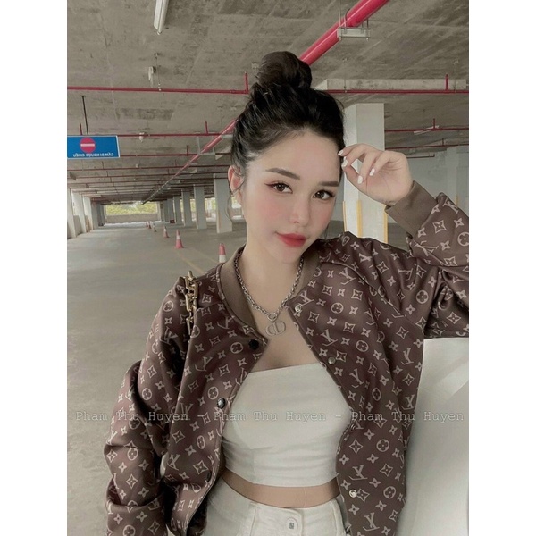 Áo Khoác Bomber Hoạ Tiết LV Nâu Sang Chảnh In Nổi Cá Tính Có Video Ảnh Thật