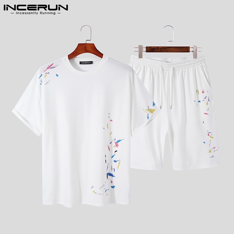 Bộ đồ thun nam INCERUN với áo và quần short dây rút in họa tiết thời trang mùa hè