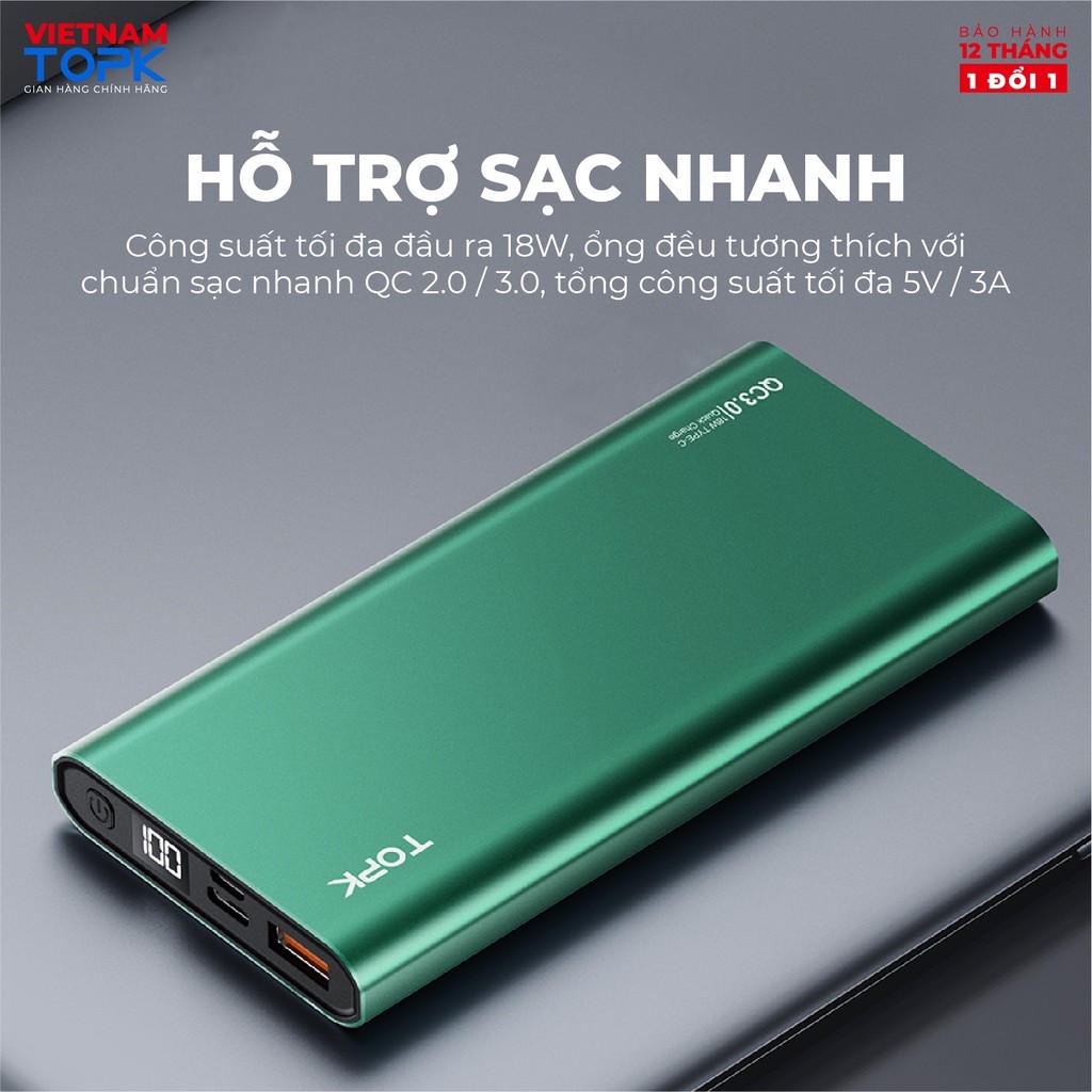 Sạc dự phòng TOPK I1006P 10000mAh - Sạc PD 18W - Màn hình LED