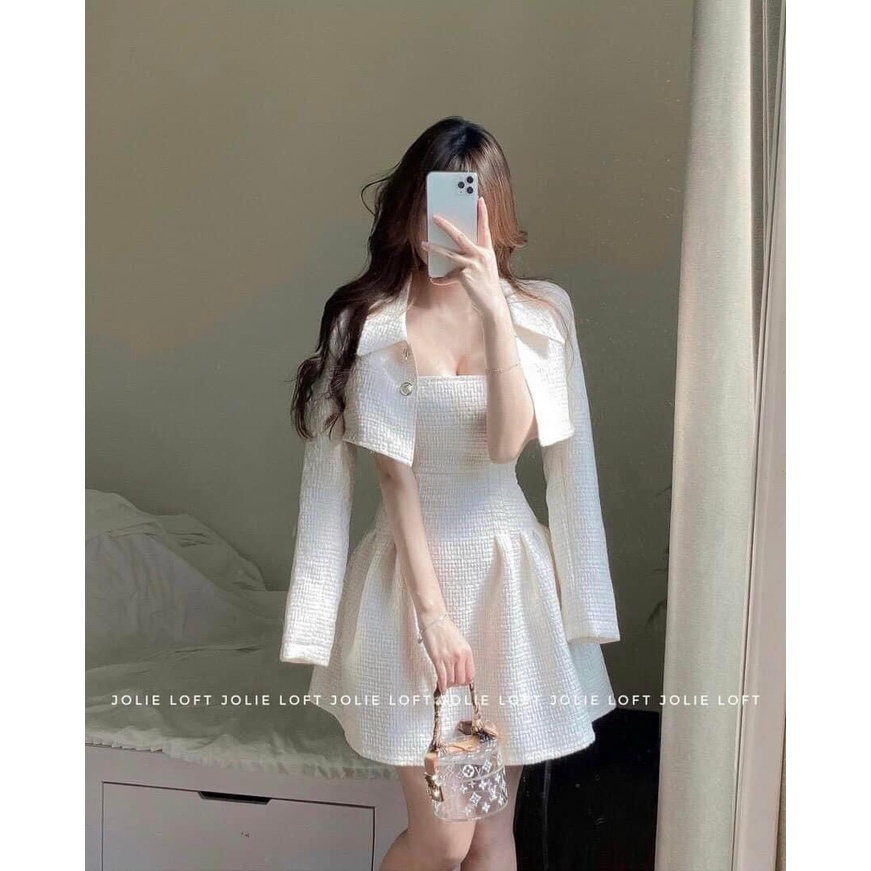 [ Kèm Áo] Sét Váy Hai Dây Dáng Xòe Kèm Áo Khoác Croptop Chất Bố Mịn Sét Vest Thanh Lịch