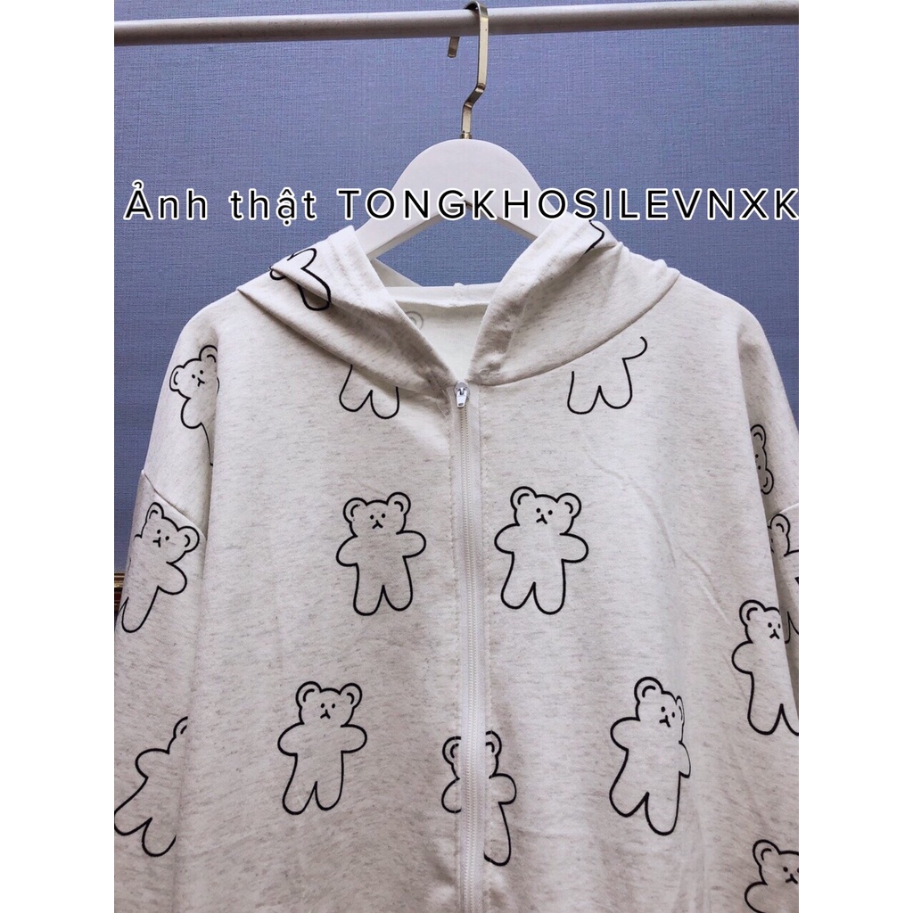 Áo Khoác Nỉ Gấu Trắng Viền Đen Dáng Hoodie - Áo Khoác Nữ Form Rộng In Hình Gấu Unisex