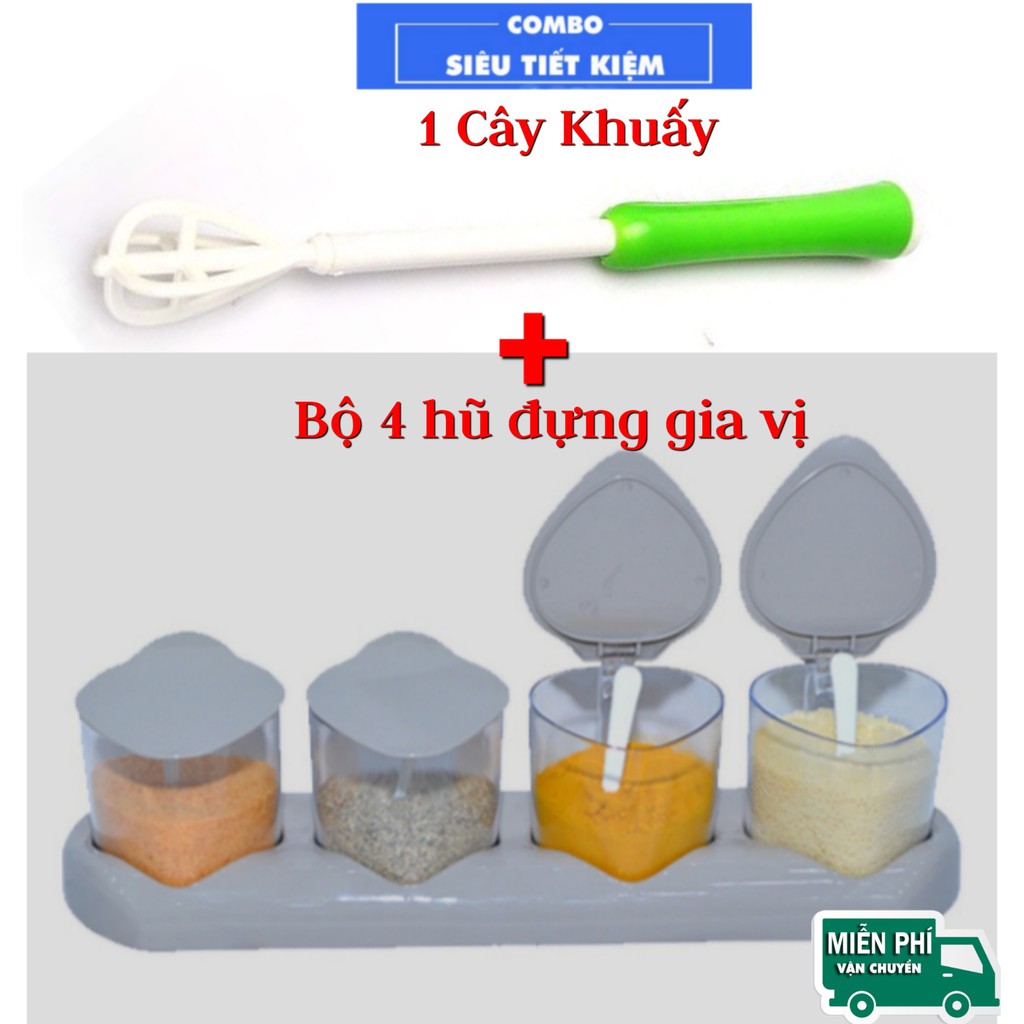 Bộ 4 hủ đựng gia vị + 1 cây khuấy cafe