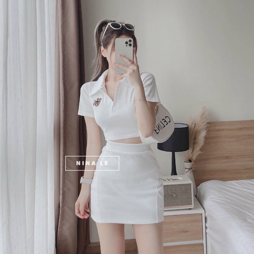 Set váy body ôm màu trắng mặc đi chơi cá tính - set áo polo thêu gấu, chân váy chữ A ôm - set tiểu thư body thun