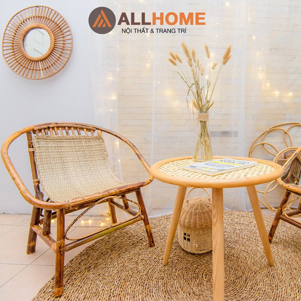 Bàn Trà Mây Mắt Cáo Chân Gỗ ALLHOME Trang Trí Nhà Cửa Cafe Home Stay Kiểu Dáng Vitage