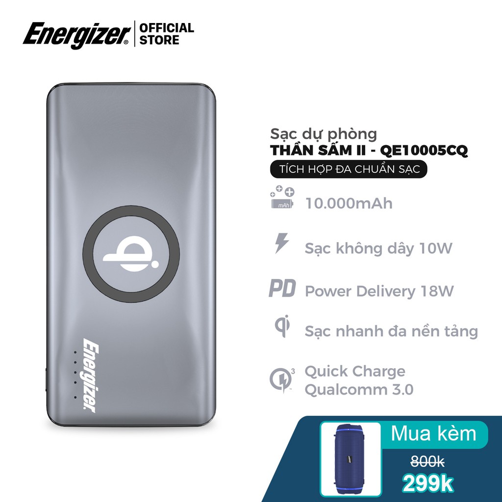 Sạc dự phòng Energizer THẦN SẤM II 10,000mAh QE10005CQ - Tích hợp sạc nhanh đa nền tảng, sạc không dây chuẩn Qi