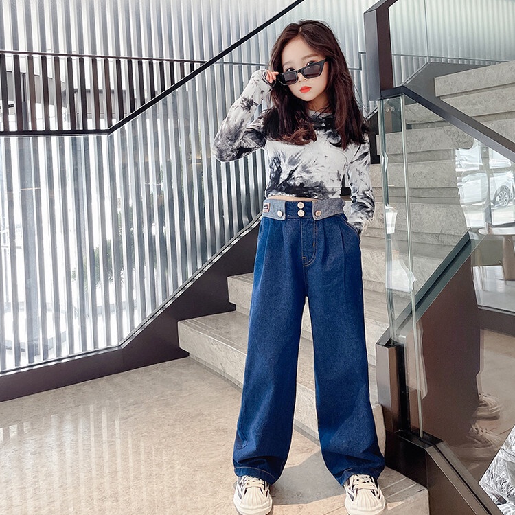Bộ Áo Sơ Mi Phối Quần Jean Ống Rộng Phong Cách Hàn Quốc Thời Trang Mùa Xuân 2023In Mới Cho Nữ 170