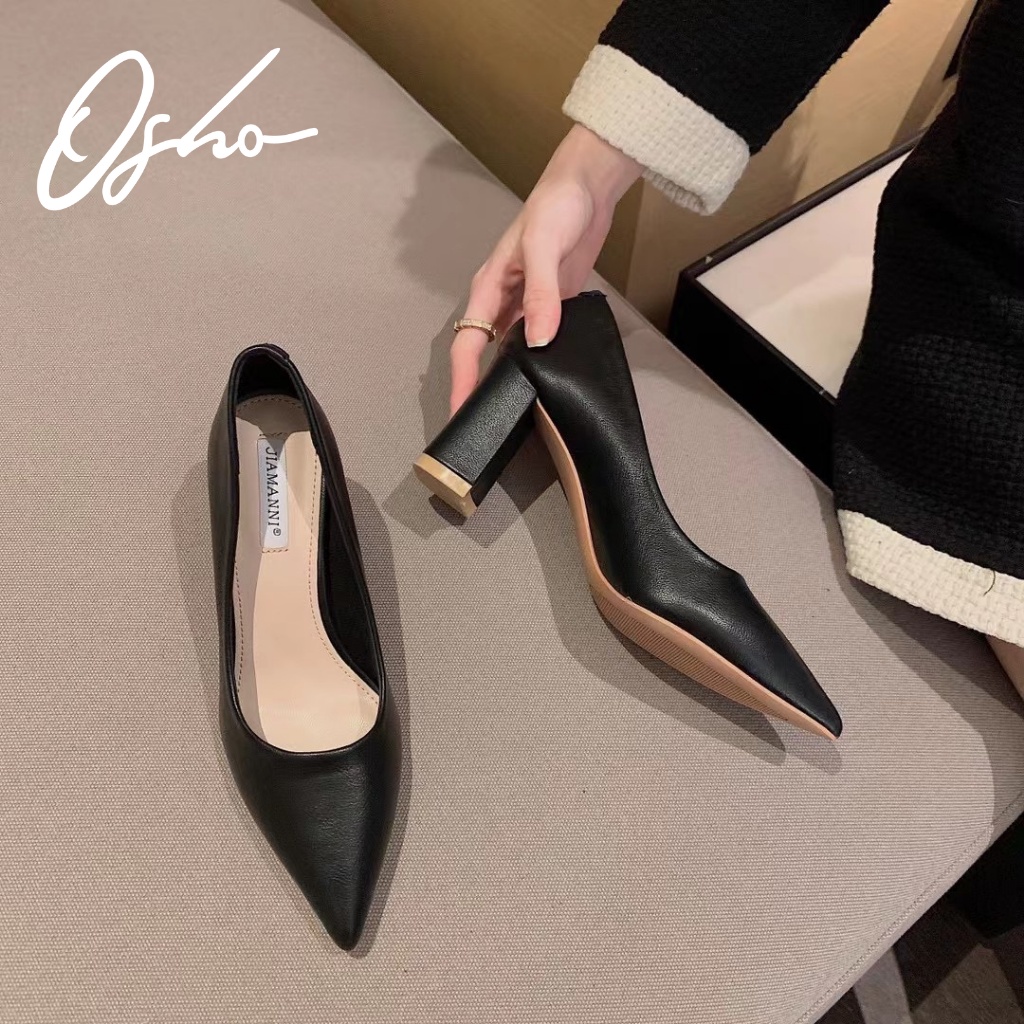 Giày Cao Gót Nữ Thiết Kế OSHO 7cm Mũi Nhọn Gót Vuông, Chất PU Mềm, Lót Giày Êm Chân Giảm Lực A666-1