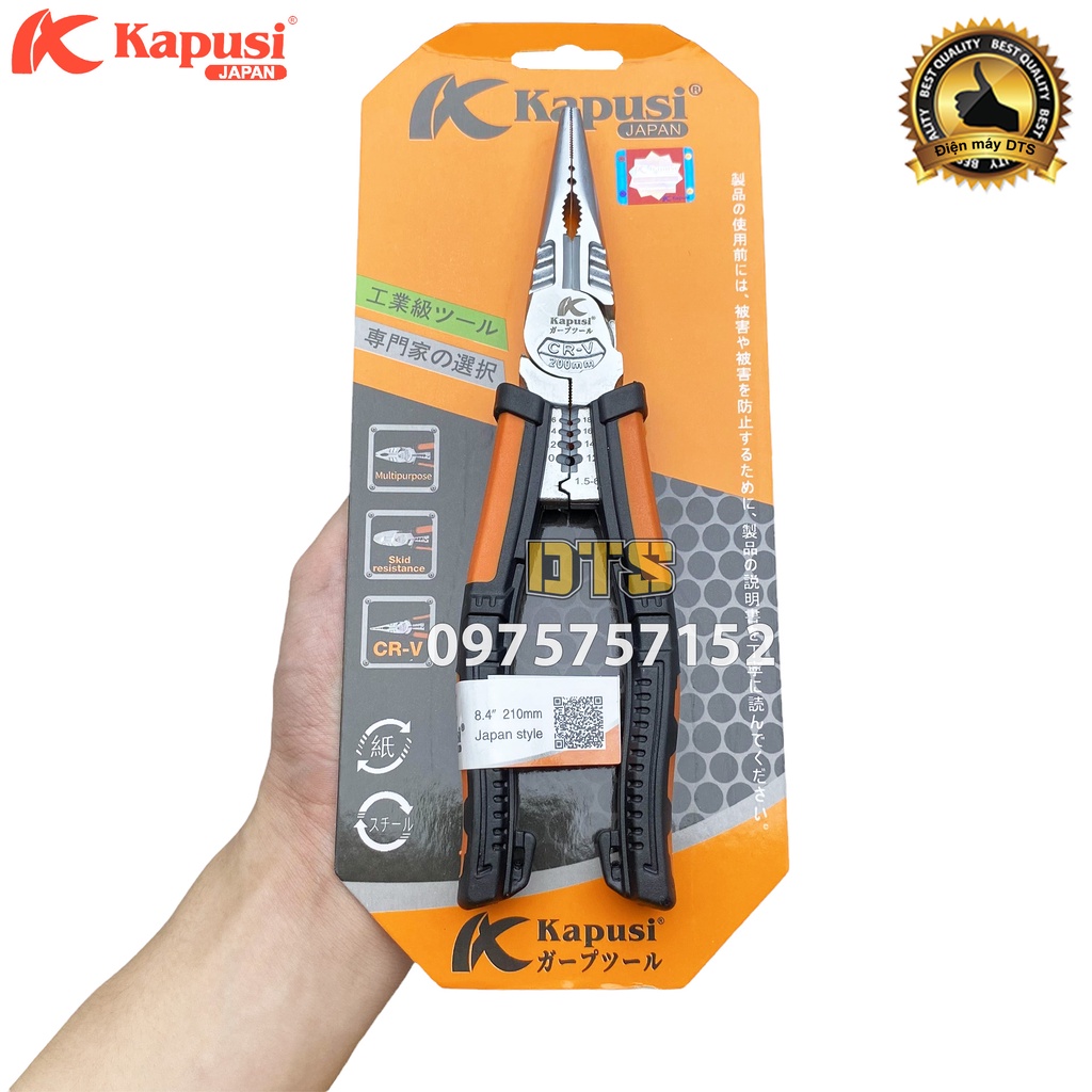 Kìm nhọn đa năng thép Nhật CR-V đúc nguyên khối Kapusi JAPAN 210mm thiết kế tiên tiến tiết kiệm 30% lực bấm, kìm đa năng