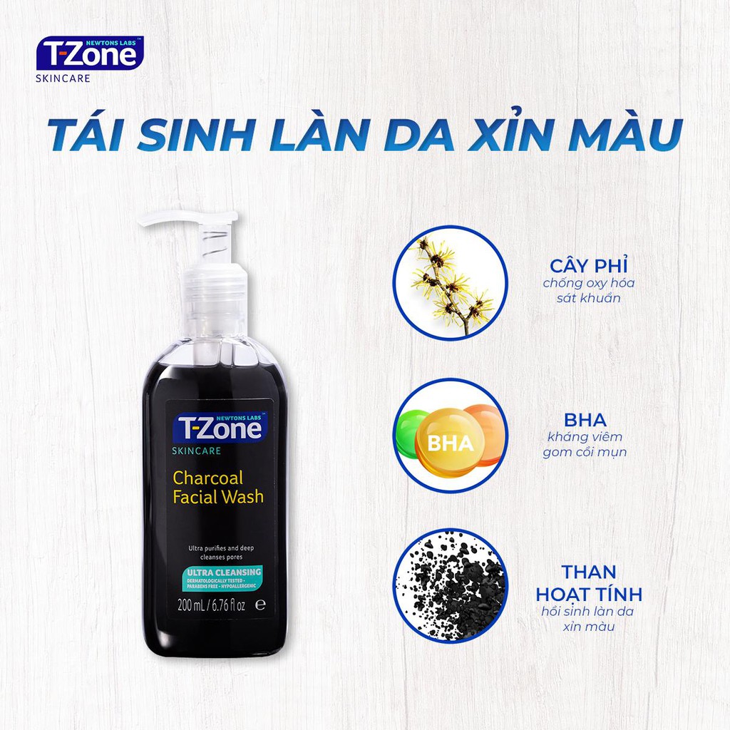 Gel rửa mặt sạch sâu than hoạt tính T-Zone Charcoal Facial Wash 200ml | BigBuy360 - bigbuy360.vn