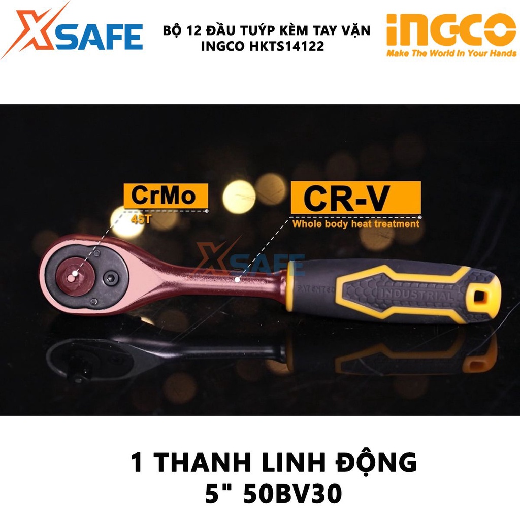 Bộ 12 đầu tuýp tay vặn INGCO HKTS14122 Bộ 12 đầu tiếp kèm 1 tay cầm rachet tháo nhanh, 1 thanh linh động 5&quot;, thép CR-V